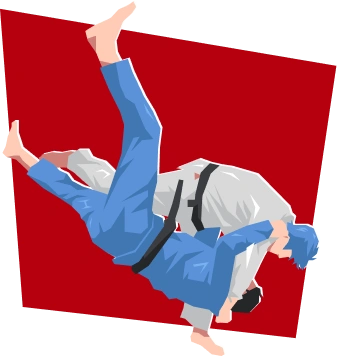 Two judo competitors demonstrating a dynamic throwing maneuver in a tournament setting.